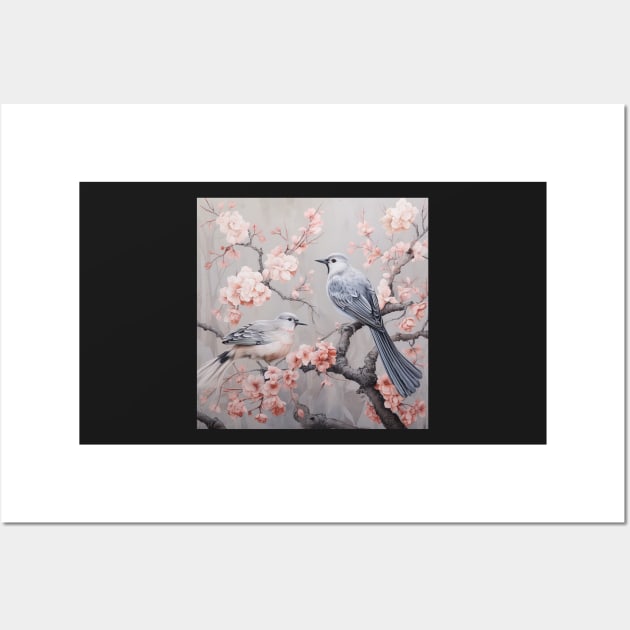 Grey and pink chinoiserie painting with birds and flowers Wall Art by Riverside-Moon